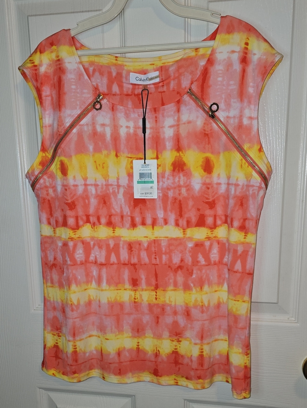Calvin Klein Coral and Yellow Tie-Dye Sleeveless Tank